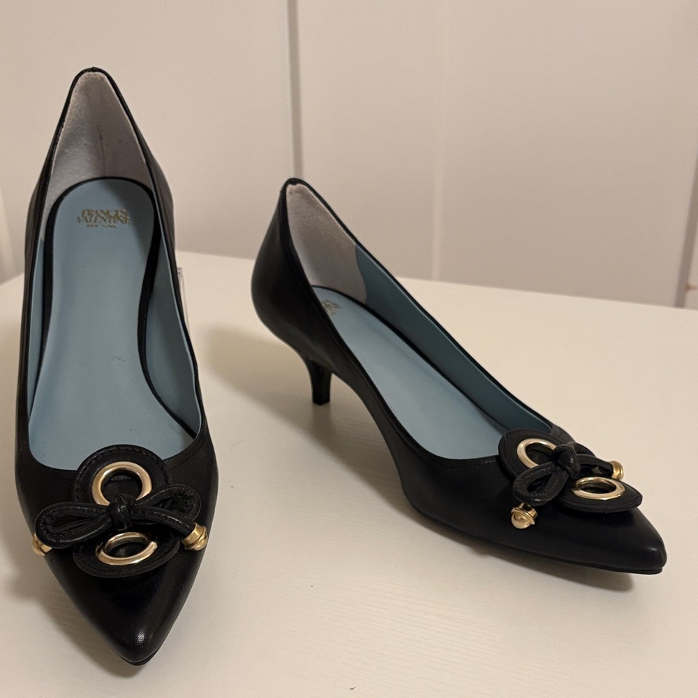 Frances Valentine Black Heels with Gold Accents